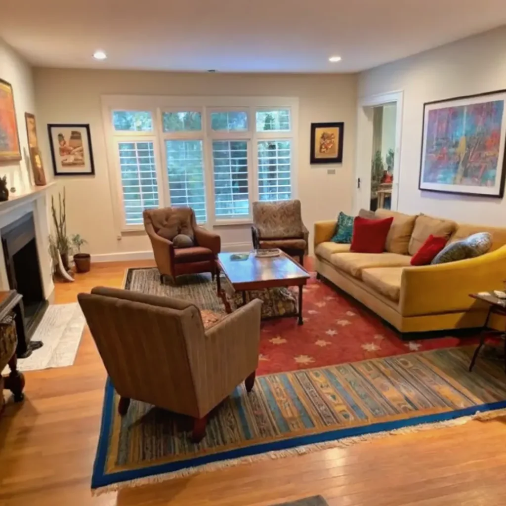 Living room with layered rugs — striped kilim base rug under red patterned area rug with seating arrangement