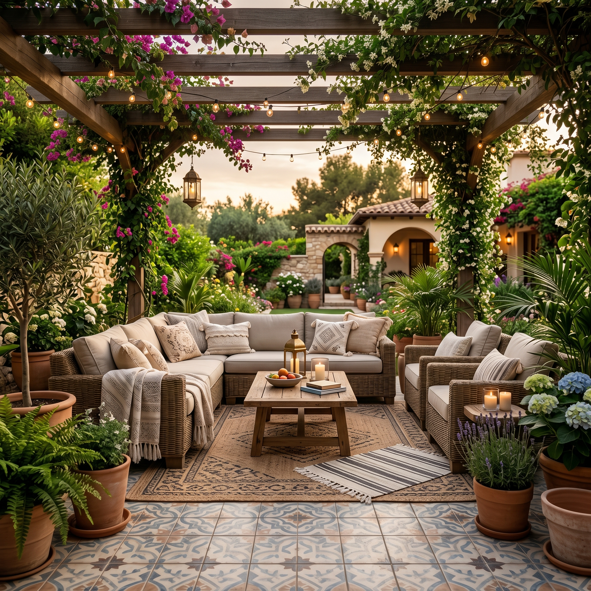Beautiful tiled outdoor room with lounge furniture, plants, pergola, and warm evening lighting