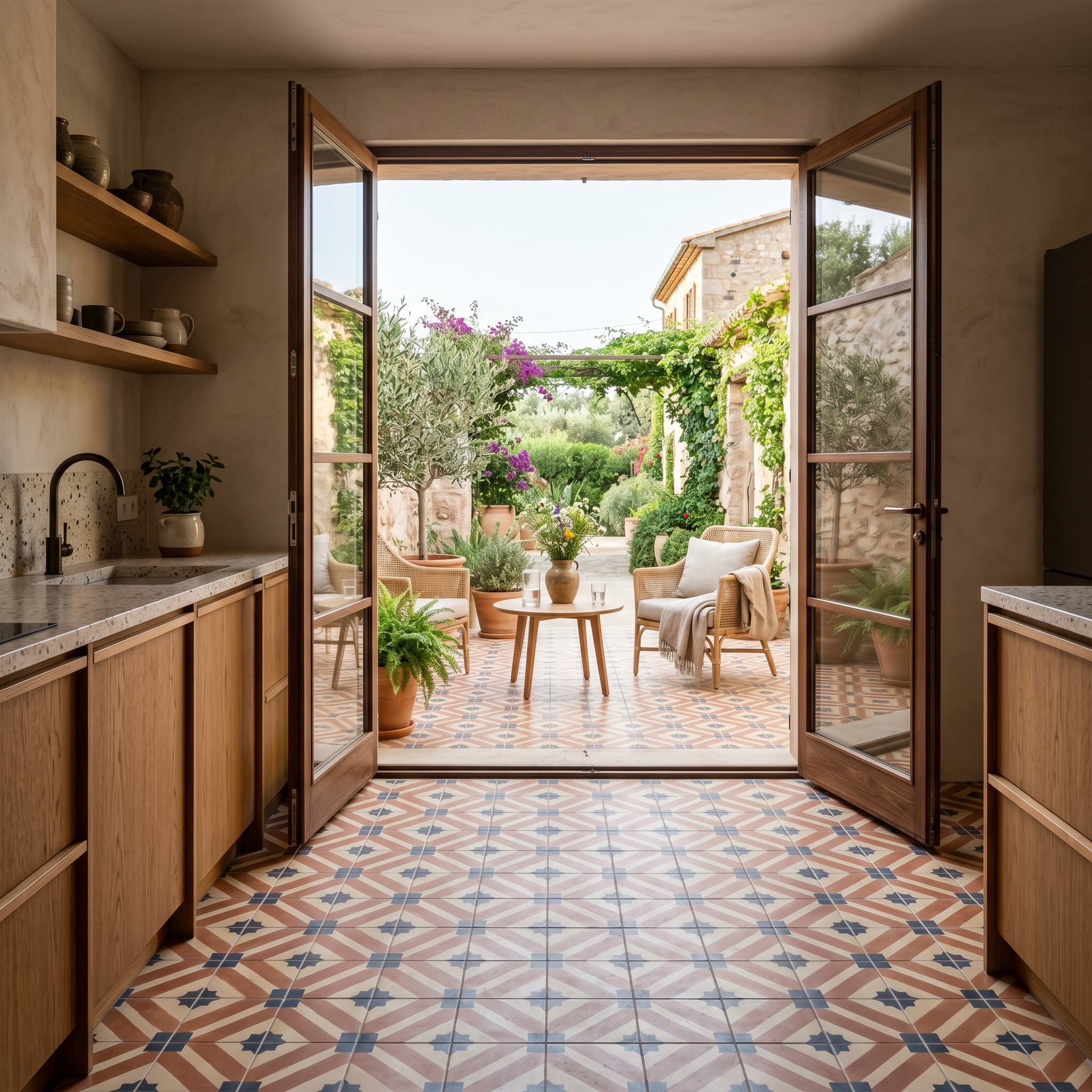 Seamless tile transition from kitchen interior to patio with no threshold break