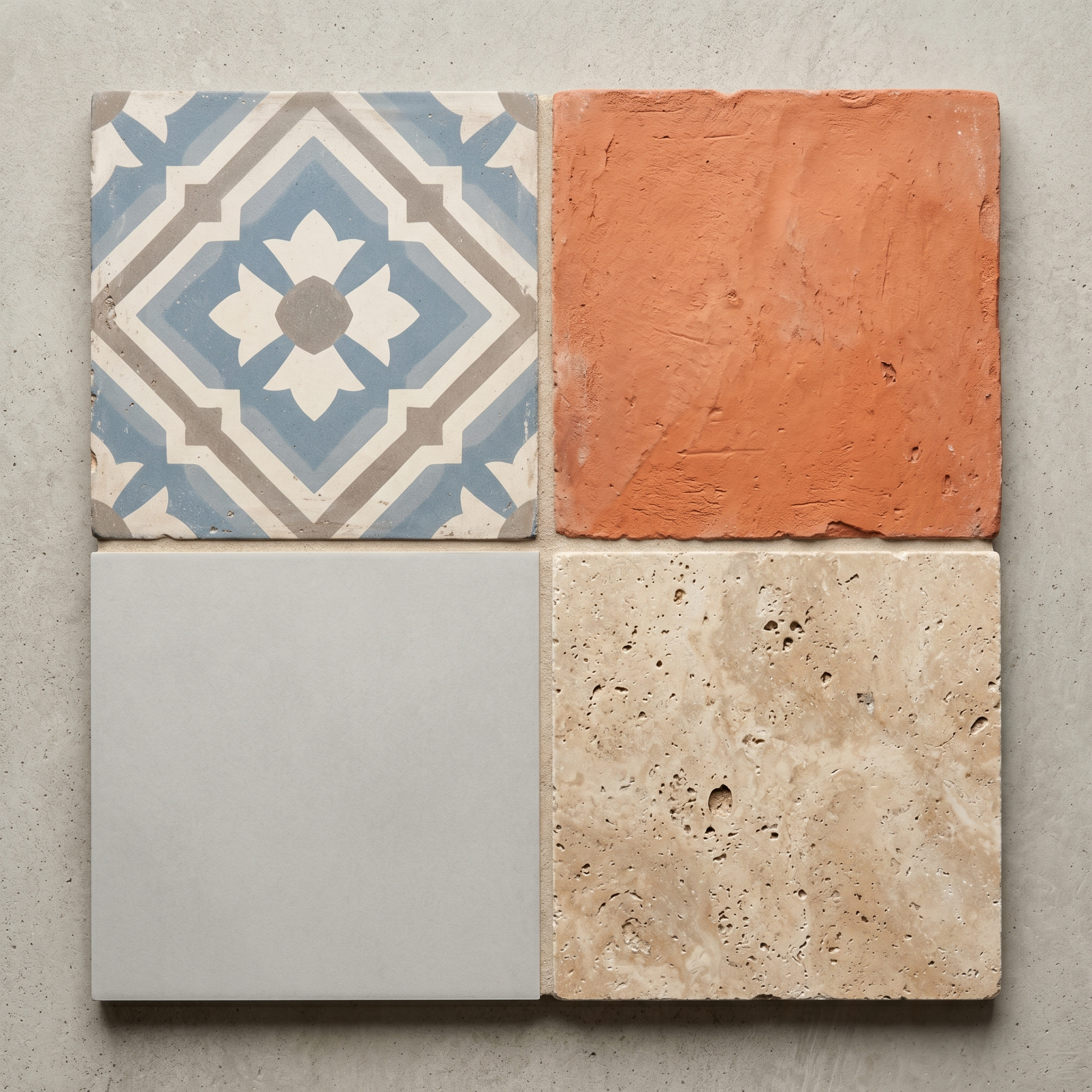 Outdoor tile materials comparison including cement, terracotta, porcelain, and travertine samples