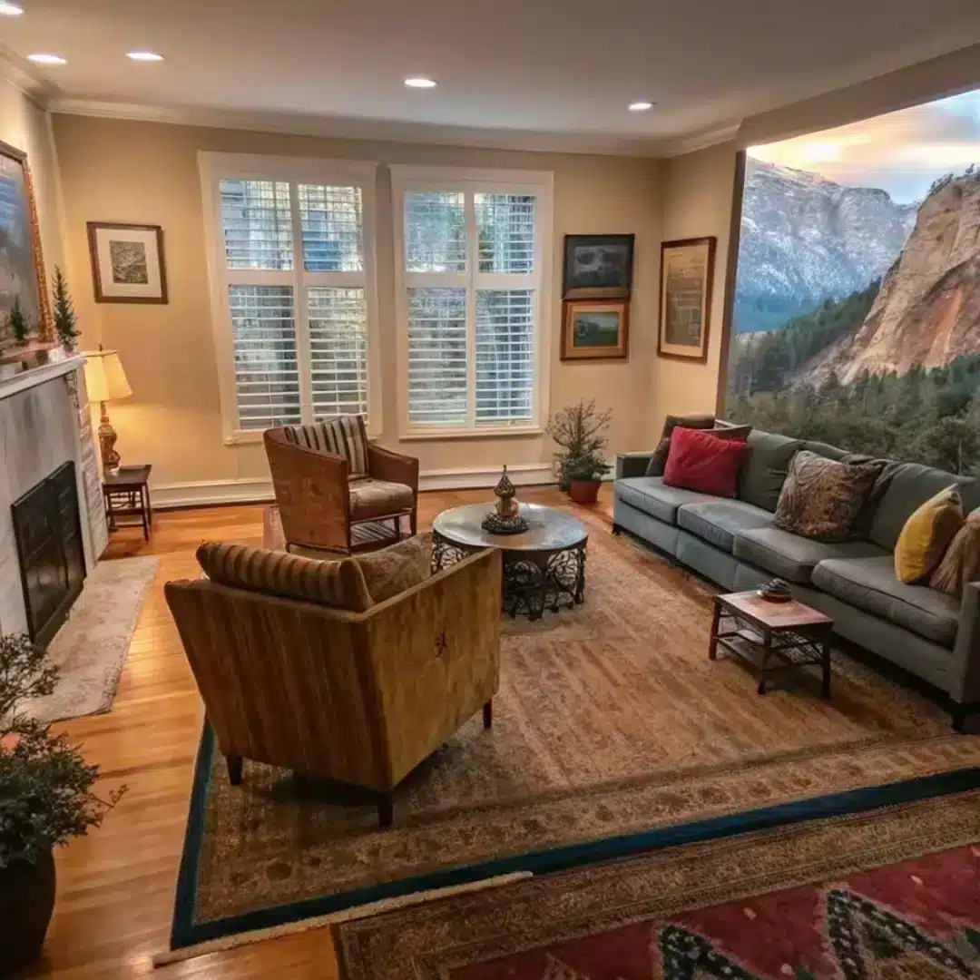 Warm living room with layered rugs — sandy beige area rug over blue-bordered base rug with traditional furniture