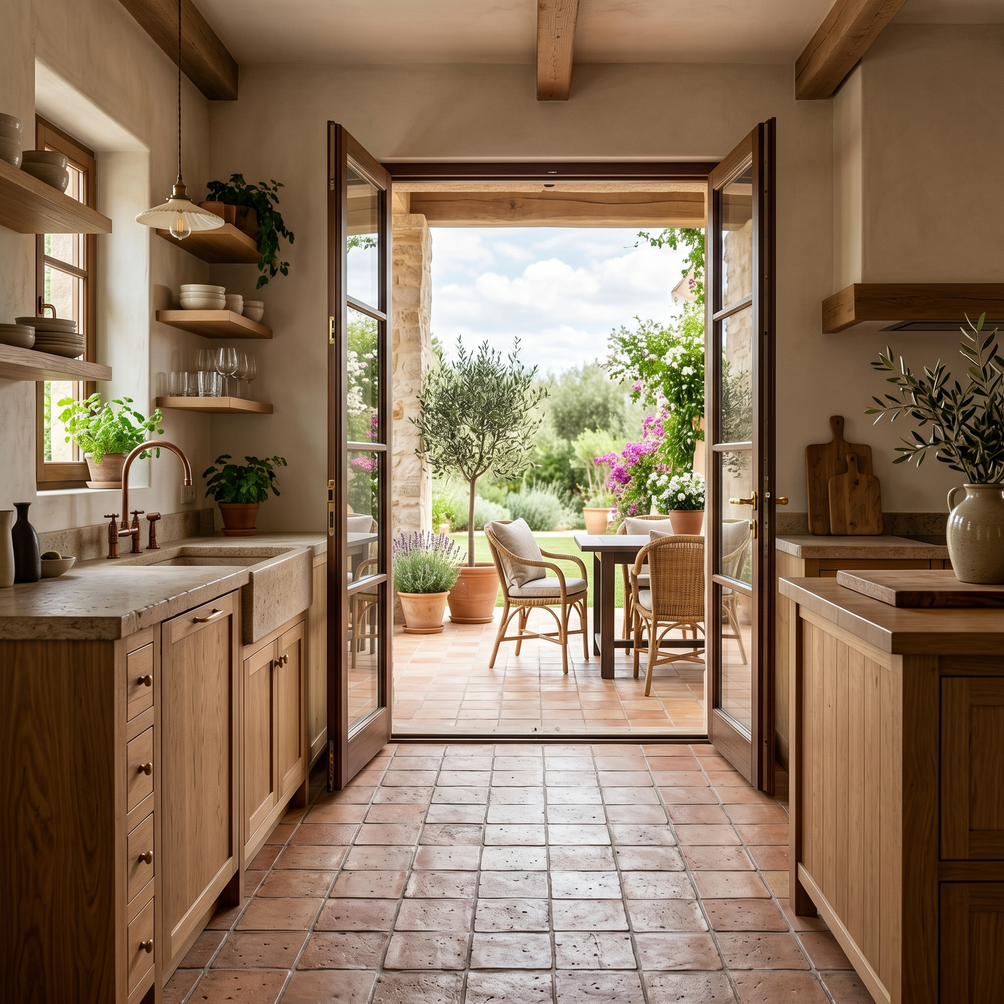 Open doorway showing terracotta tile flowing from kitchen to outdoor patio with plants and seating