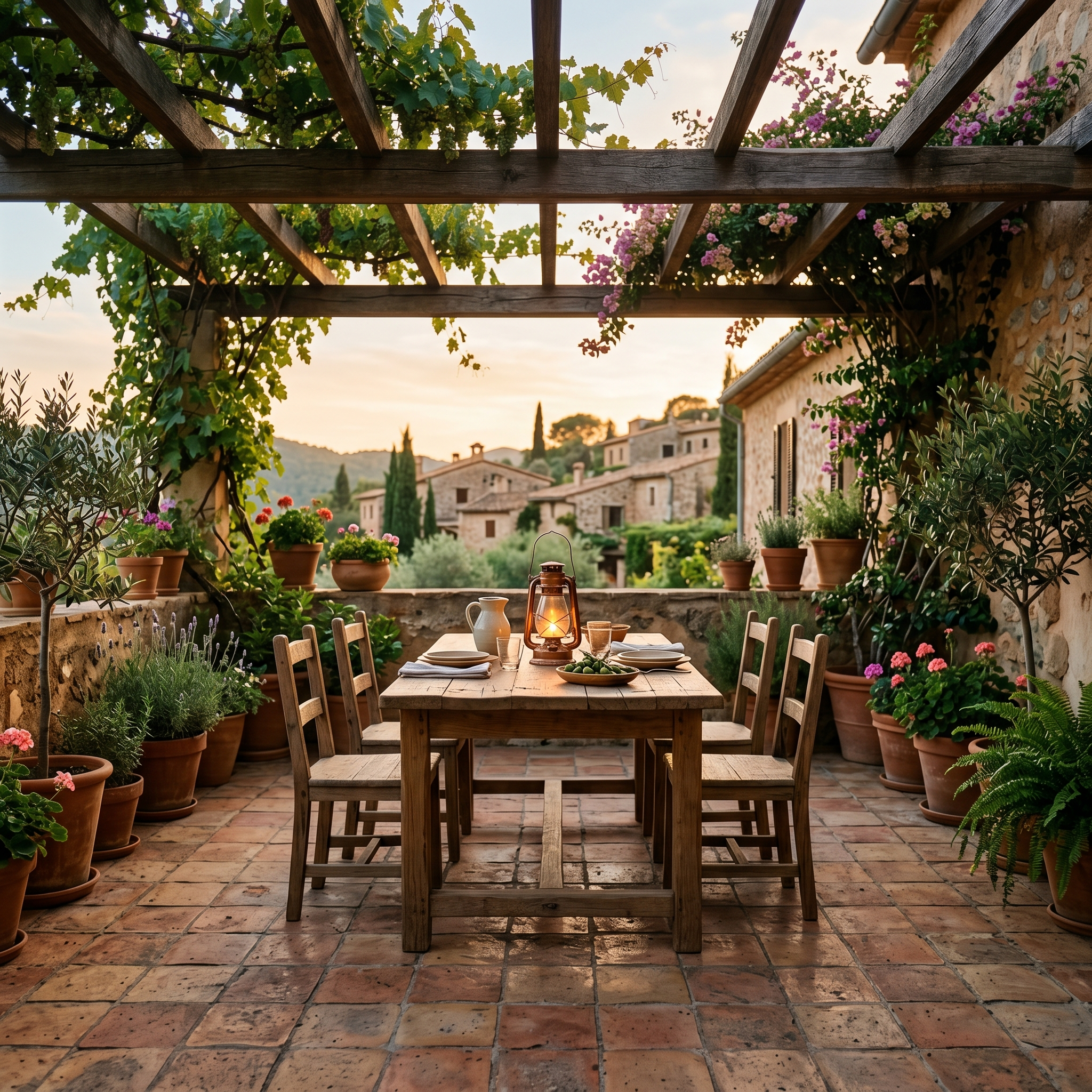 Covered terracotta patio with wooden table, lantern lighting, and potted plants at sunset