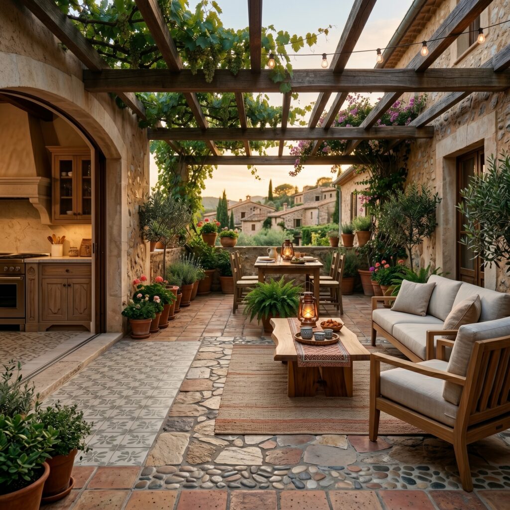 Outdoor room patio with mixed tile flooring, pergola, seating area, plants, and warm evening lighting